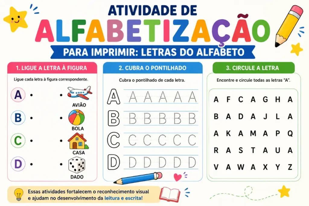 Atividade de Alfabetização para Imprimir: Letras do Alfabeto