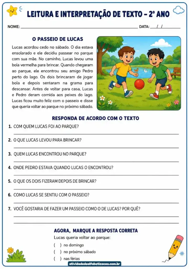Atividade de interpretação de texto 2° ano para imprimir grátis em pdf