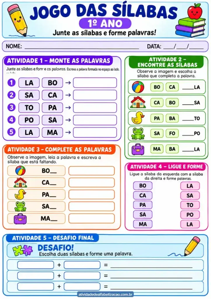 Jogo das sílabas 1° ano: Atividade grátis em pdf