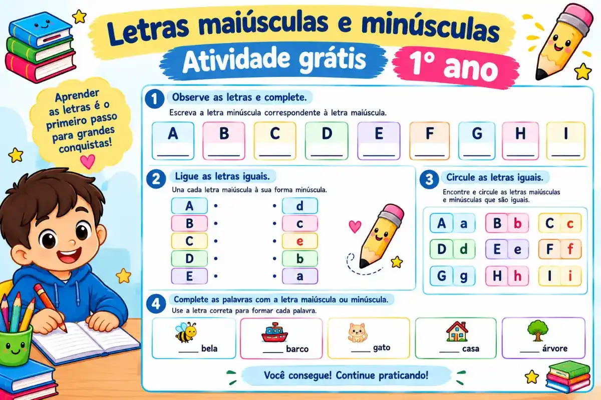 Letras maiúsculas e minúsculas: Atividade grátis 1° ano para imprimir em pdf