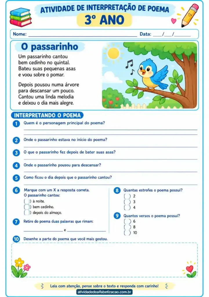 Atividade de interpretação de poema 3 ano grátis em pdf