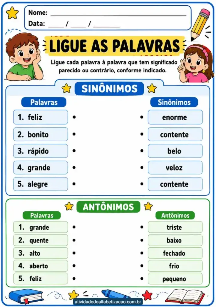 Sinônimos e antônimos 2° ano: Atividade grátis em pdf para imprimir