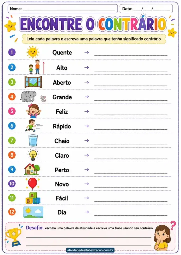 Sinônimos e antônimos 2° ano: Atividade grátis em pdf para imprimir