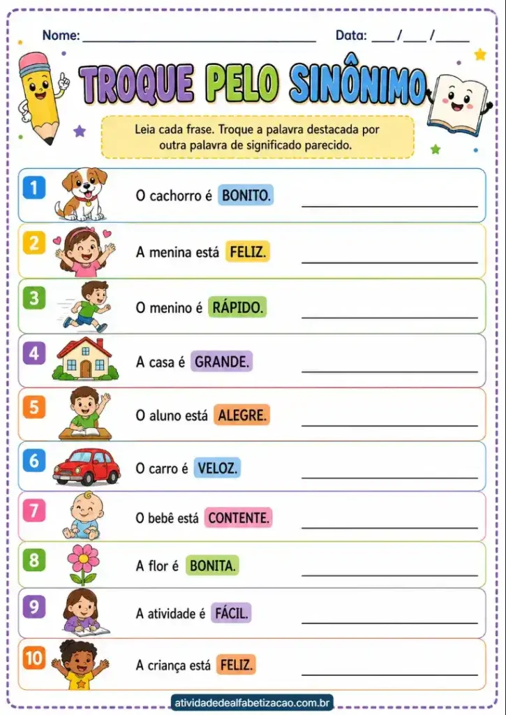Sinônimos e antônimos 2° ano: Atividade grátis em pdf para imprimir
