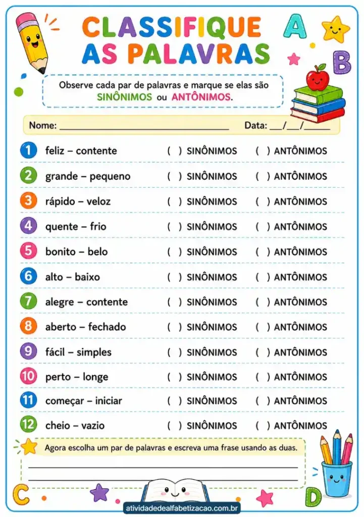 Sinônimos e antônimos 2° ano: Atividade grátis em pdf para imprimir