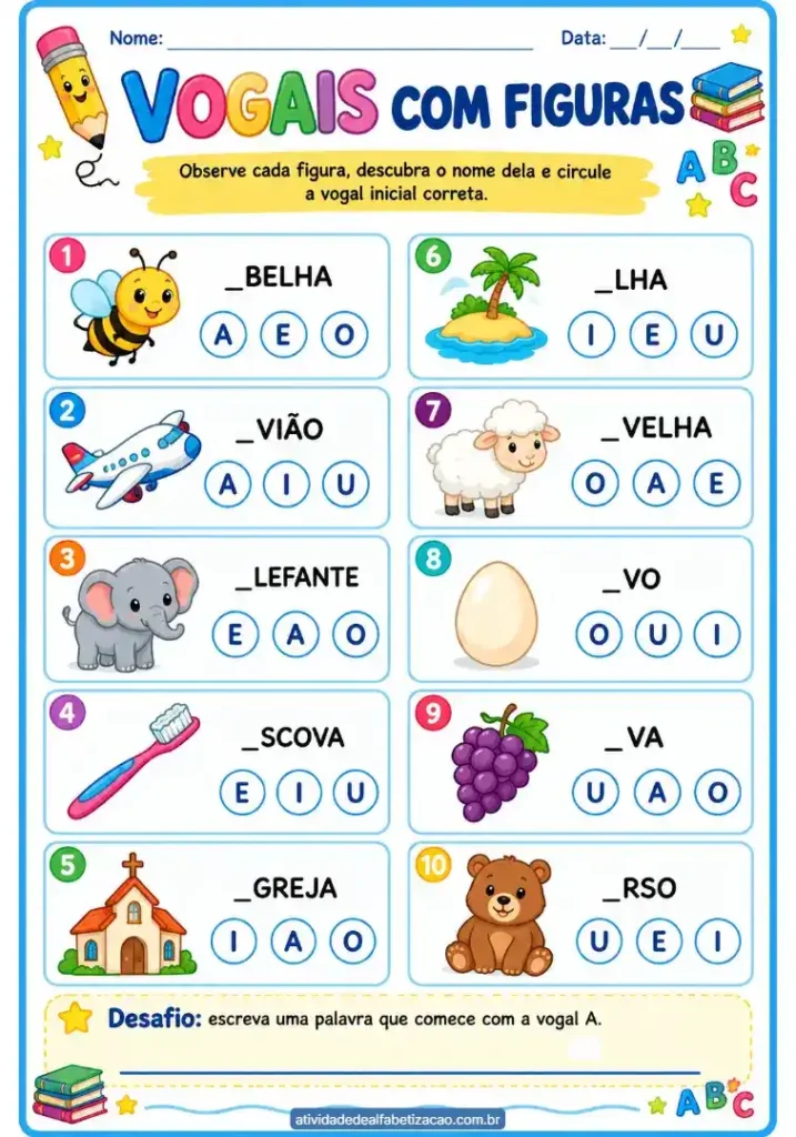 Vogais com figuras: Atividade 1° ano grátis para imprimir em pdf