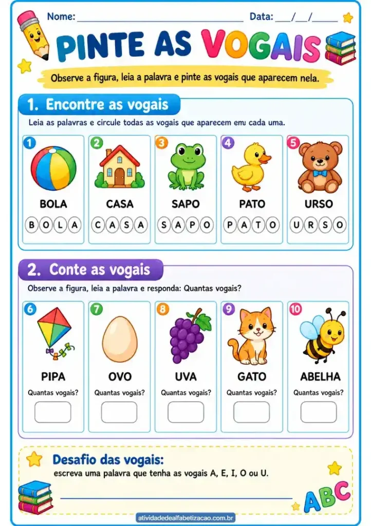Vogais com figuras: Atividade 1° ano grátis para imprimir em pdf