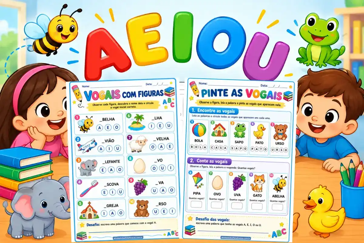Vogais com figuras: Atividade 1° ano grátis para imprimir