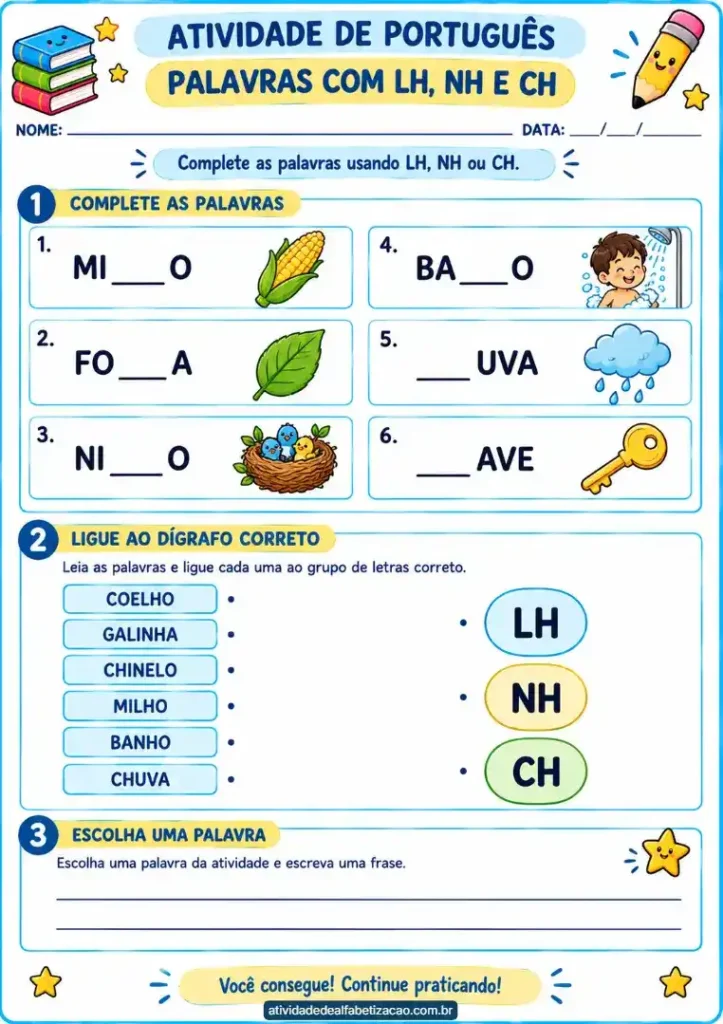 Atividade com lh, nh e ch 2 ano grátis em pdf para imprimir