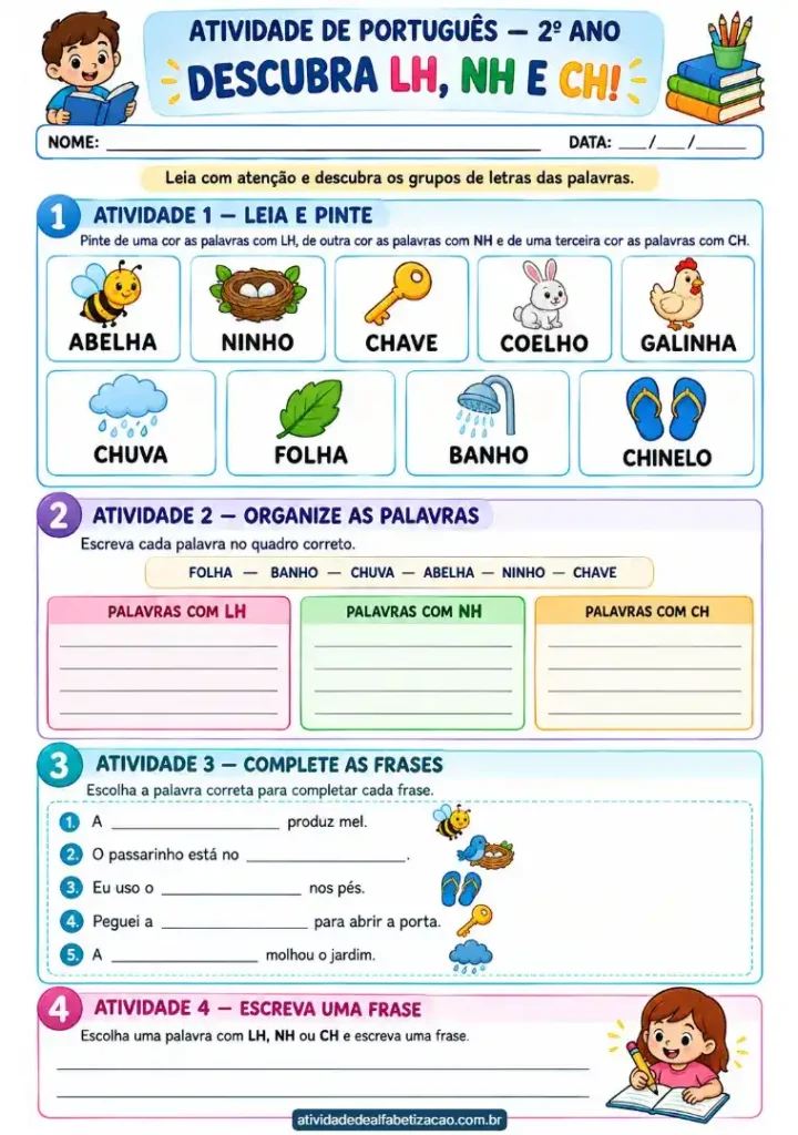 Atividade com lh, nh e ch 2 ano grátis em pdf para imprimir
