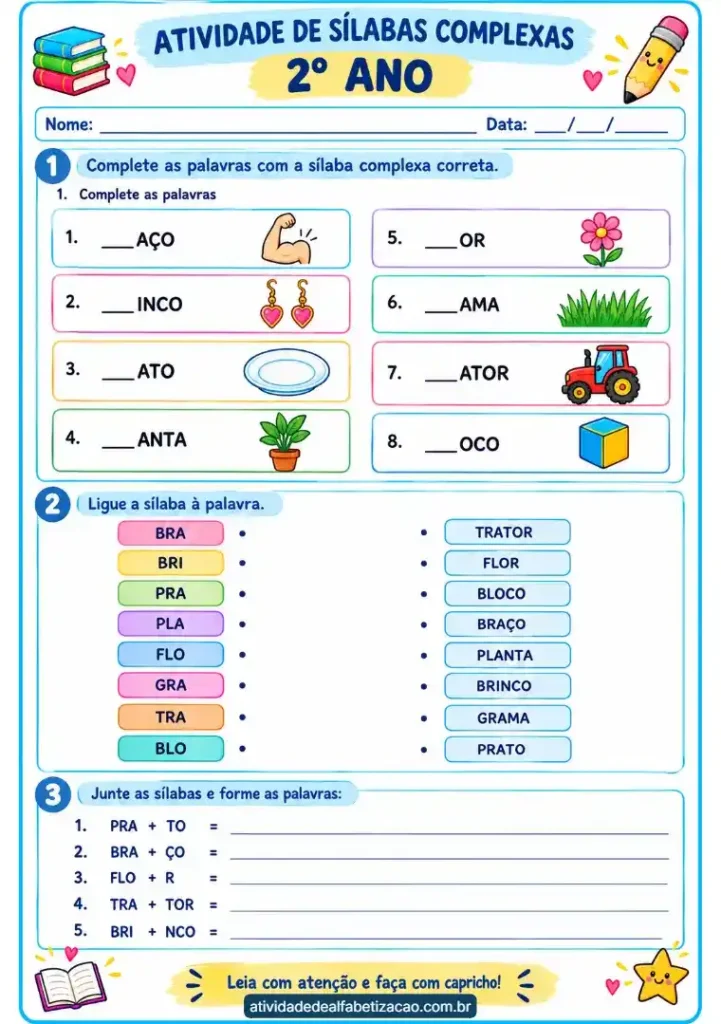 Atividade de sílabas complexas 2° ano grátis em pdf para imprimir