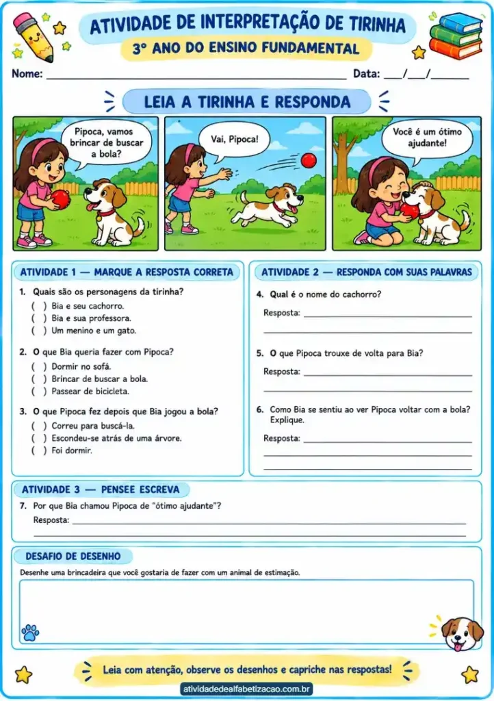 Interpretação de tirinha 3 ano: Atividade grátis em pdf para imprimir