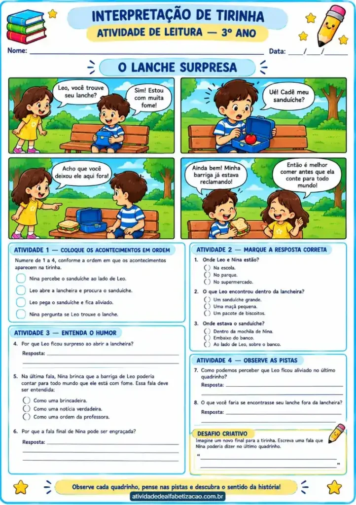 Interpretação de tirinha 3 ano: Atividade grátis em pdf para imprimir