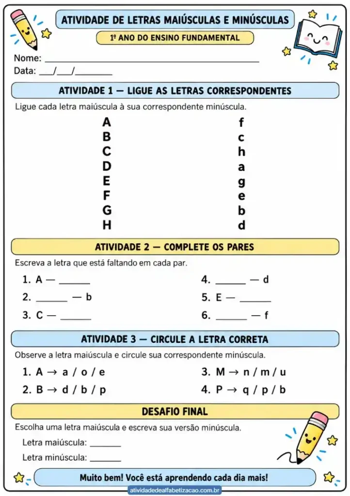 Letras maiúsculas e minúsculas: Atividade grátis 1° ano para imprimir em pdf
