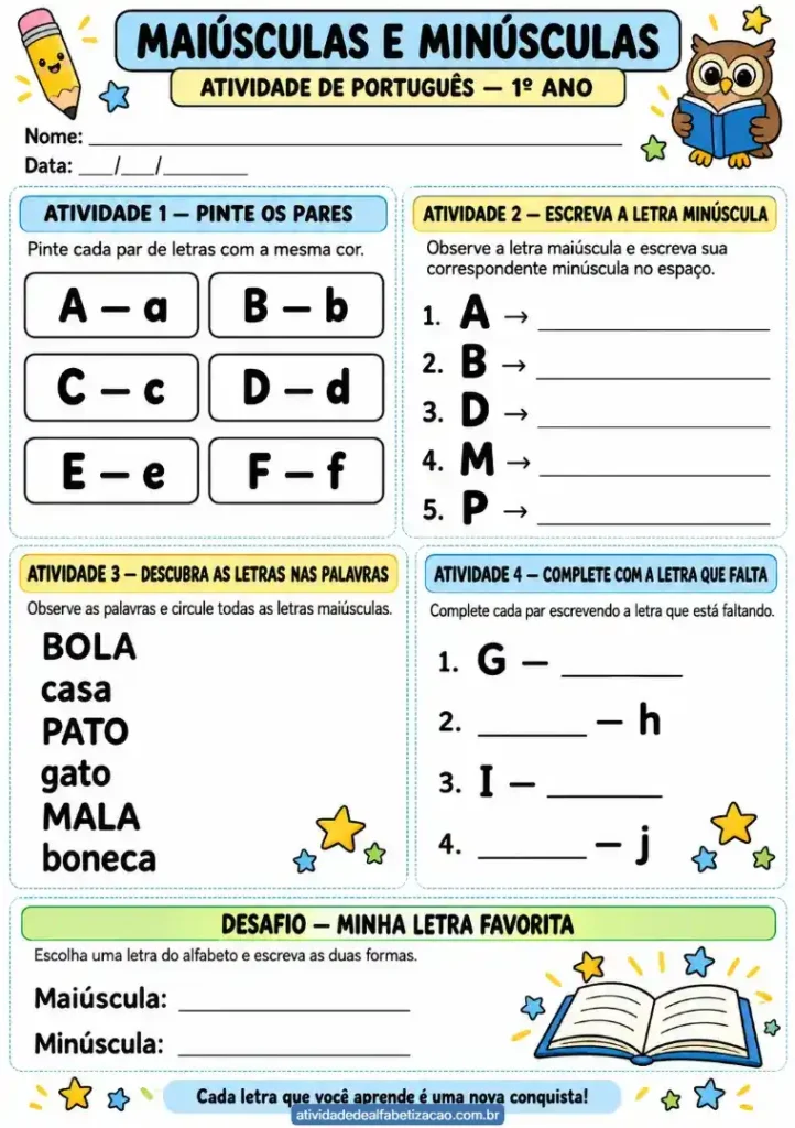 Letras maiúsculas e minúsculas: Atividade grátis 1° ano para imprimir em pdf